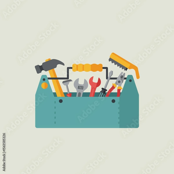 Fototapeta Toolbox filled with various tools in flat design vector art