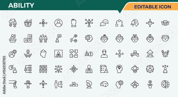 Fototapeta Ability vector line icon set. Minimalist linear icons. Contains such symbols as communication, knowledge, talent, creativity. Editable stroke. Vector collection. Ability simple icon set.