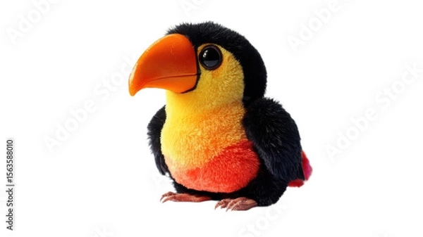 Fototapeta Colorful plush bird with vibrant feathers perched playfully, showcasing a blend of orange, yellow, and black hues in its charming design on transparent background