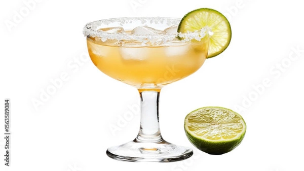 Fototapeta Refreshing cocktail served in a classic glass with a salted rim and lime garnish on a bright evening on transparent background