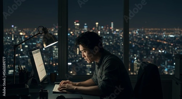 Obraz Night City Lights Illuminate Focused Programmer Working Late