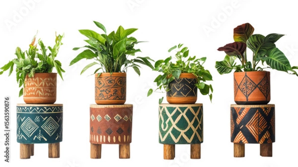 Fototapeta Decorative potted plants arranged artistically on unique wooden pedestals in a stylish indoor setting during daylight on transparent background