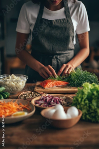 Obraz Chef Preparing Healthy Salmon Meal