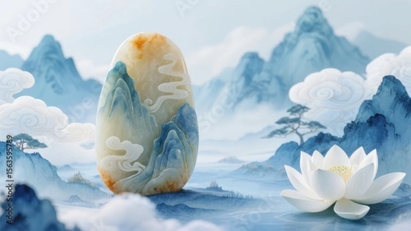 Fototapeta A serene landscape featuring a carved stone, white lotus flower, and misty mountains under a soft sky.