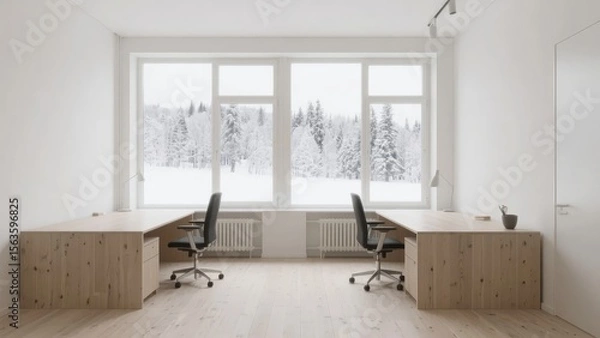 Fototapeta Minimalist Office Space with Snowy Window View