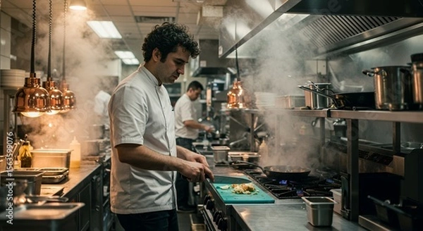 Obraz Focused chef expertly prepares ingredients in a bustling restaurant kitchen, showcasing culinary precision and dedication.