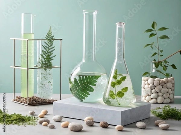 Fototapeta Natural ingredients in laboratory glassware for botanical science and research