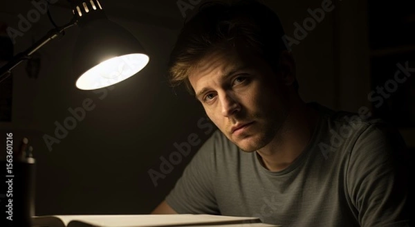 Obraz Young man studies intently under a desk lamp, his serious expression illuminated by the warm light, conveying a sense of focused concentration and