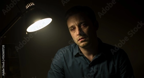 Obraz Man sits alone under a desk lamp, his face etched with weariness and contemplation, lost in thought under the soft glow.