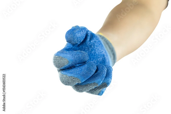 Fototapeta Hand in a blue protective work glove, ready to grasp, isolated on white background with clipping path. Perfect for industrial, safety, or construction themes.