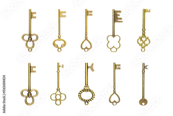 Fototapeta Set of antique golden skeleton keys, perfect for vintage, mystery, or security concepts, isolated on white background with clipping path.