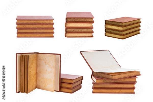 Fototapeta Set of antique vintage books with aged pages and red covers in various arrangements, isolated on white background with clipping path.