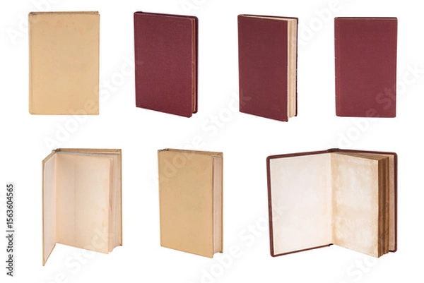 Fototapeta Set of vintage blank books with aged pages and classic covers in various views, isolated on white background with clipping path. Perfect for mockup and design projects.