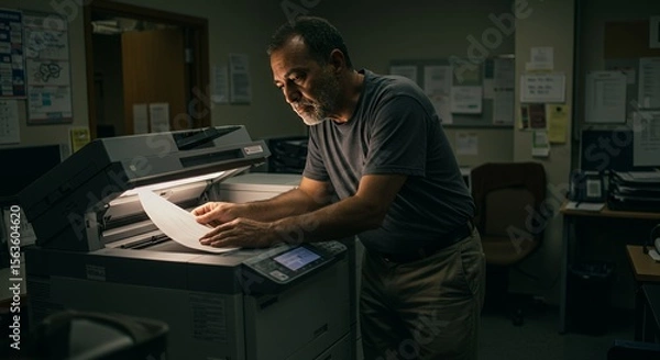 Obraz Focused man carefully feeds a document into a large office copier, illuminated by its internal light in a dimly lit room.