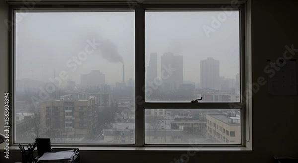 Obraz Urban cityscape viewed through a rain-streaked window on a gloomy day, evoking a sense of quiet contemplation and atmospheric density.