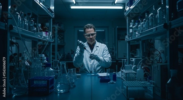 Obraz Focused scientist meticulously pipettes liquid in a dimly lit laboratory, engrossed in scientific research late at night.