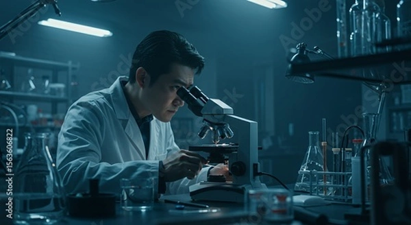Obraz Focused scientist meticulously examines a sample under a microscope in a dimly lit laboratory, engrossed in scientific research.