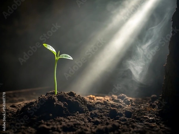 Fototapeta A tiny green seedling sprouts from dark soil bathed in dramatic sunlight and mist