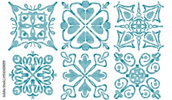 Obraz six tiles with blue watercolor patterns	
