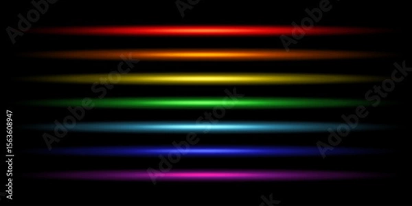 Obraz Set of glowing neon lines. Laser and luminous neon light. Yellow, orange, red, pink, blue, purple, violet, green flashes. Vector illustration on black background
