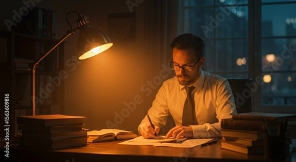 Obraz Focused scholar diligently works late into the night, illuminated by a warm desk lamp, surrounded by stacks of books in a dimly lit study.