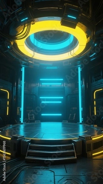 Fototapeta Futuristic Interior with Neon Lighting and Circular Design