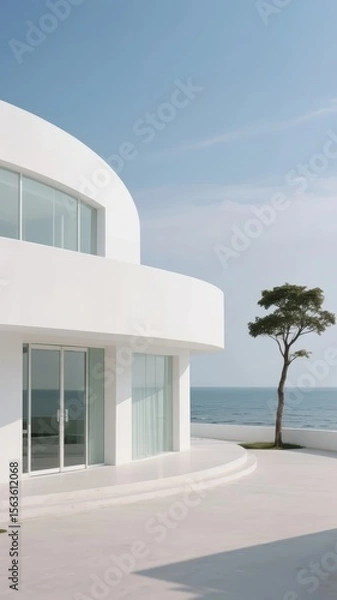 Fototapeta Modern white building with large windows overlooking the sea, accompanied by a solitary tree.