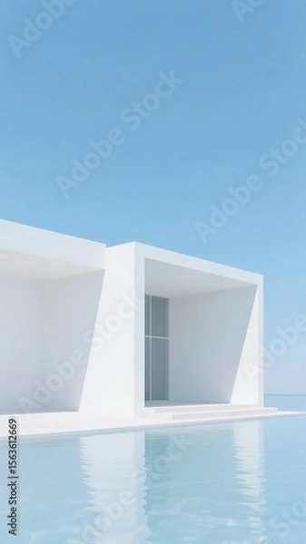 Fototapeta Modern White Structure with Reflective Pool Against Clear Sky