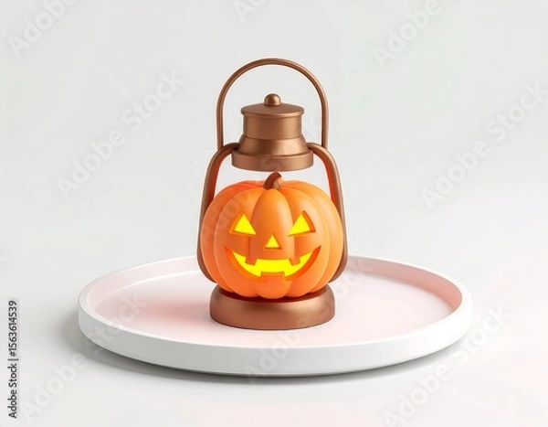 Fototapeta 3D lantern icon with jack-o’-lantern face on a tray, glowing Halloween colors, minimal white or blurred backdrop