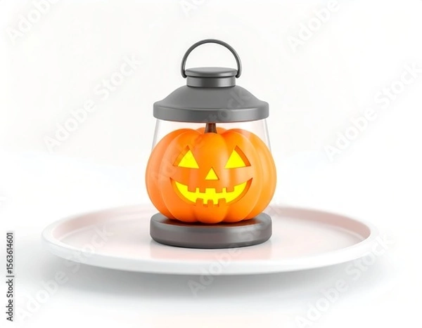 Fototapeta 3D lantern icon with jack-o’-lantern face on a tray, glowing Halloween colors, minimal white or blurred backdrop