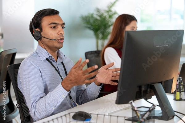 Fototapeta Customer support representative wearing headset is actively engaging in conversation while working on computer in modern office environment. colleague is visible in background