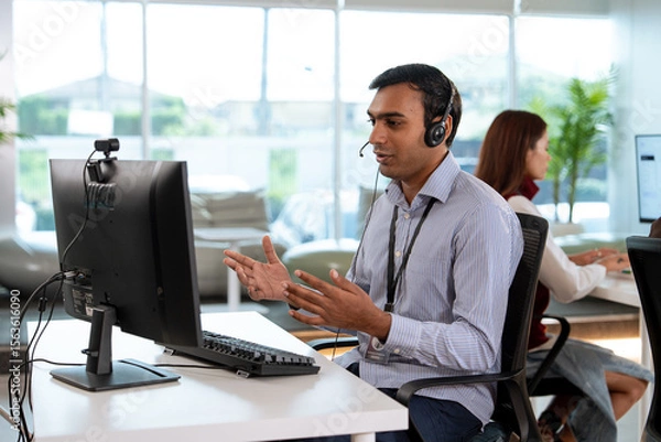 Fototapeta Professional tech support representative wearing headset is assisting customer remotely while working at modern office desk. background shows collaborative workspace with another employee