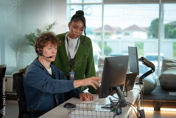 Fototapeta call center businessman telemarketing support operator customer service representative headset business client man crm help consulting online adviser technology working consultant communication