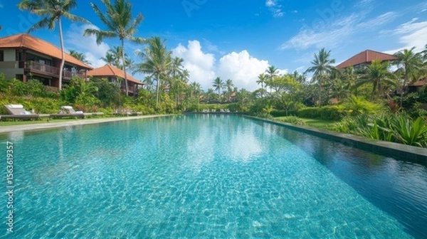 Fototapeta Luxury resort pool with breathtaking ocean view relaxation and tranquility await
