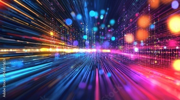 Fototapeta A vibrant, colorful, abstract digital cityscape with neon lights and glowing particles, set against a dark, starry sky with a few scattered stars.