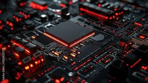 Fototapeta A complex electronic circuit board with red and black components, illuminated by red lights, set against a dark background.