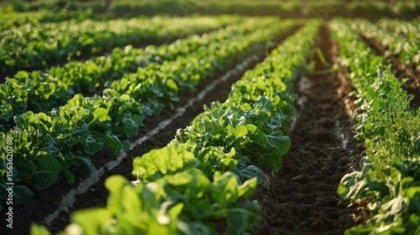 Fototapeta A lush green field of lettuce plants, with a clear blue sky and a gentle breeze.