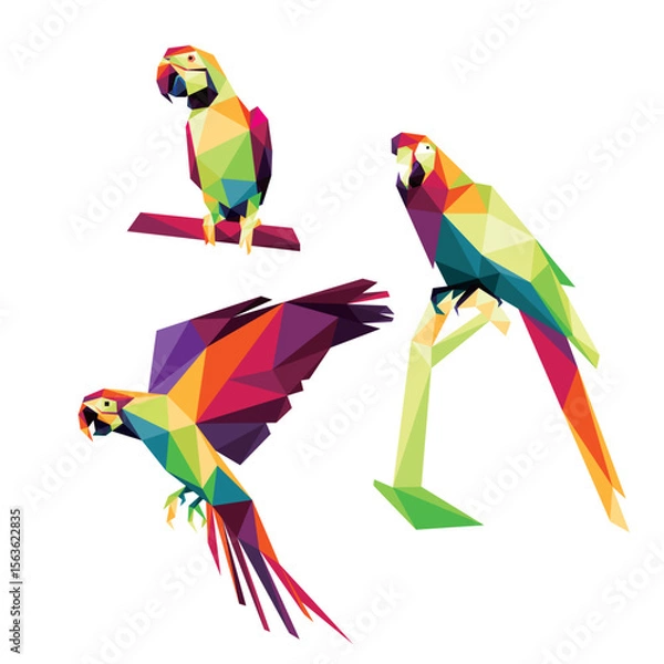 Fototapeta Beautiful Parrot Animal Set in Colorful low poly polygonal.  Flying Parrot Icon in abstract colorful logo. Vector of Perching Parrot collection
