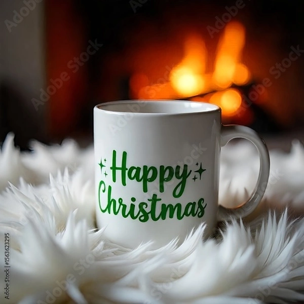 Obraz A white mug with Christmas written on it, on the background of Christmas, Christmas decorations