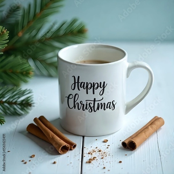 Obraz A white mug with Christmas written on it, on the background of Christmas, Christmas decorations