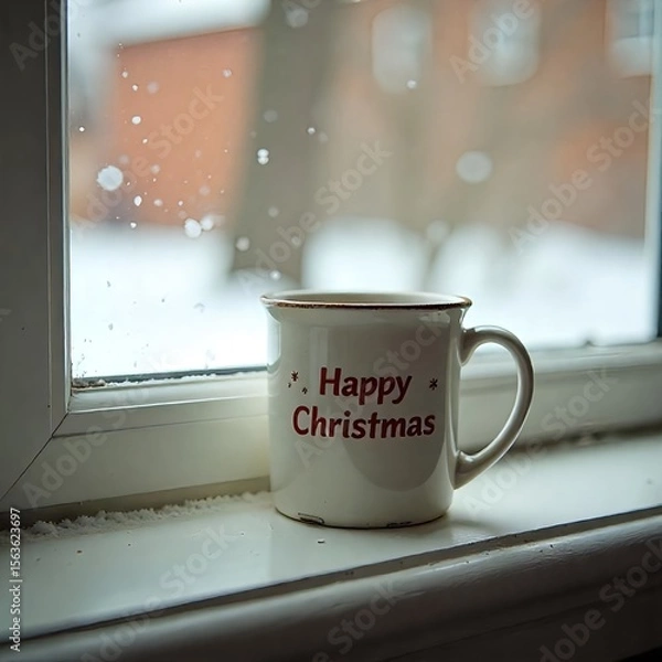 Obraz A white mug with Christmas written on it, on the background of Christmas, Christmas decorations