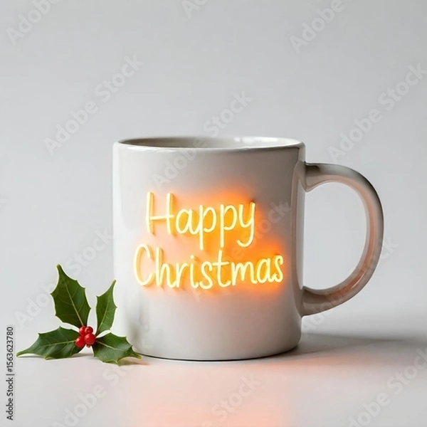 Obraz A white mug with Christmas written on it, on the background of Christmas, Christmas decorations