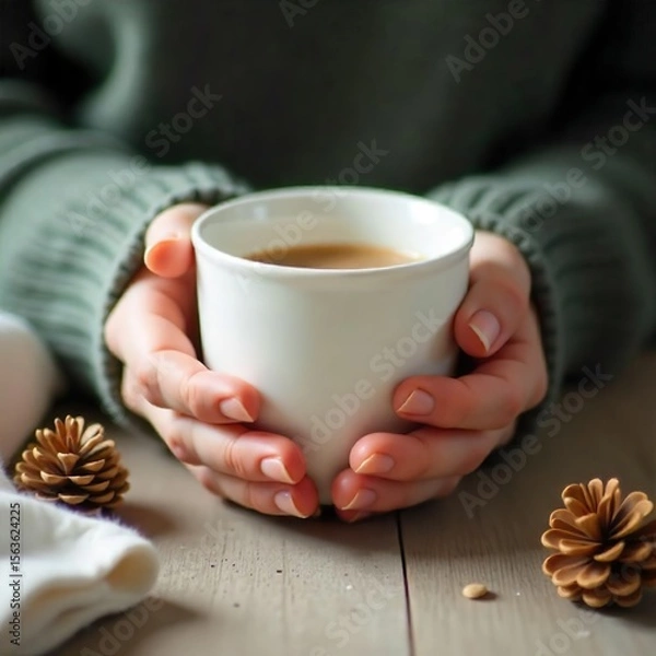 Obraz A pair of hands holds a plain white mug, suggesting warmth and coziness. The scene is composed tightly around the mug, focusing on the hands holding it. 