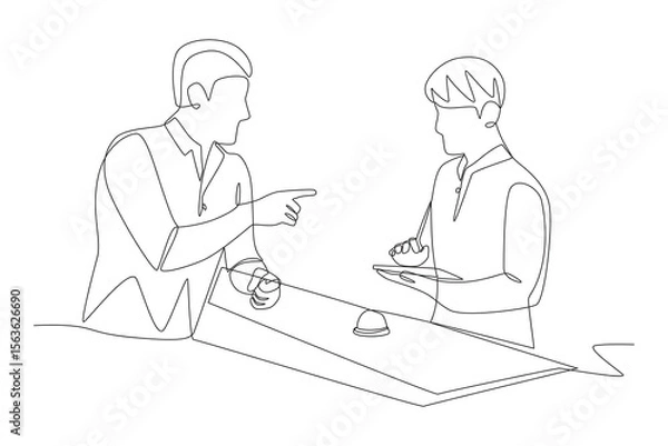 Fototapeta Male guest wants to check in at the reception. Checking into a hotel concept one-line drawing