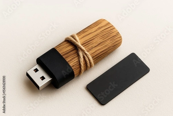 Obraz USB flash drive with a wooden case and a black cord