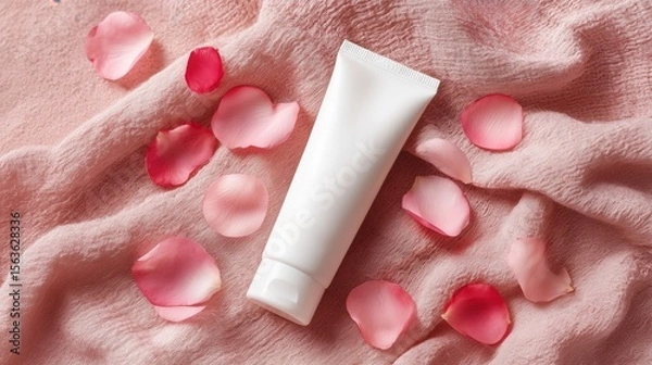 Obraz Tube of white lotion sits on a towel next to a pile of pink petals