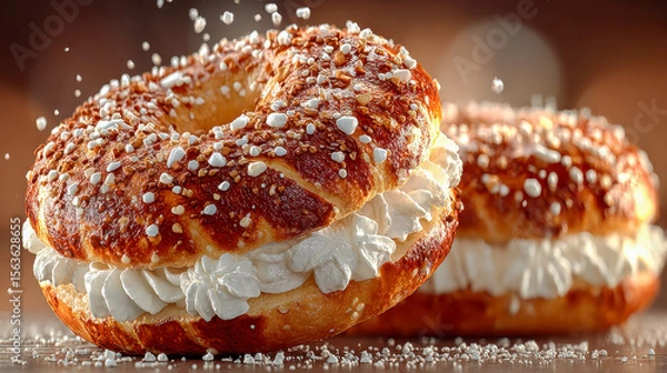 Obraz Freshly baked pretzel-style bagel filled with cream cheese and sprinkled with coarse salt and sesame seeds, with falling sugar crystals