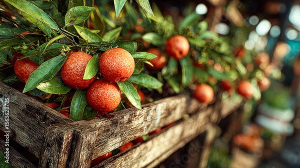 Obraz Wooden crate filled with freshly picked oranges, their textured skin and green leaves glistening with water, creating a vibrant and natural farm-fresh atmosphere