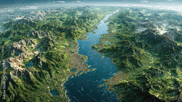 Obraz A panoramic aerial landscape featuring towering green mountains and a vast, winding river, resembling a detailed topographical map or fictional terrain