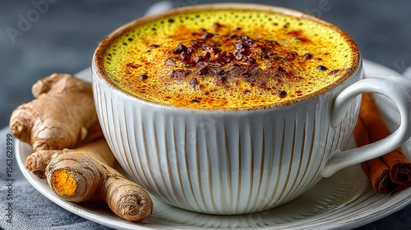 Obraz A close-up of golden milk served in a rustic white mug, topped with spices like cinnamon and turmeric, placed alongside raw turmeric roots and a cinnamon stick on a linen napkin